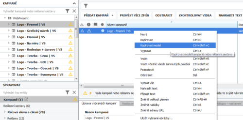 AdWords Editor - Kopírovat model