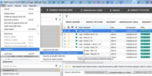 AdWords Editor - Export vybraných kampaní pro Sklik