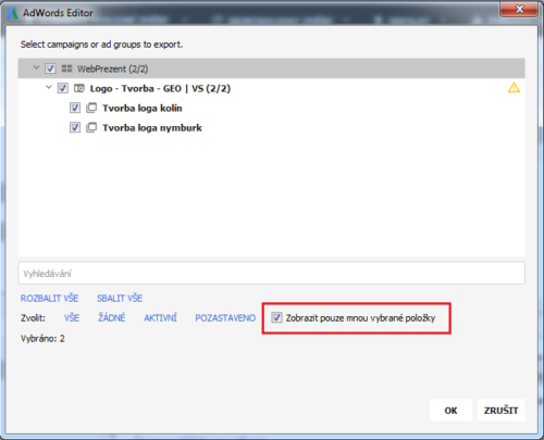 AdWords Editor - Export sestav
