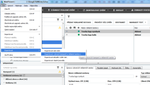 AdWords Editor - Vybrané sestavy k exportu - nabídka