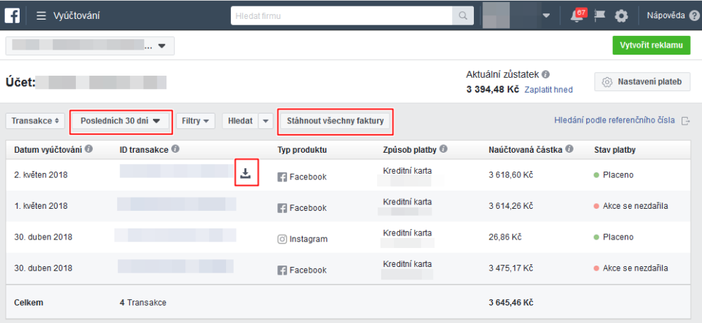 Facebook - Stažení faktur