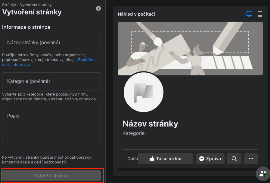 Facebook - Vytvoření stránky