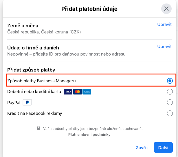 Facebook - Způsob platby z Business Manageru