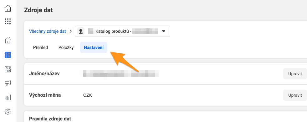 Facebook Katalog produktů - Nastavení