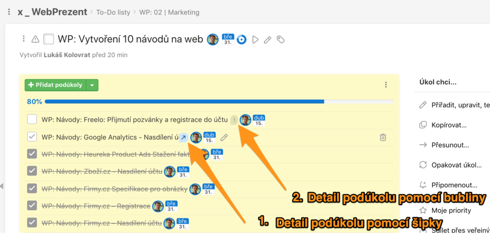 Freelo – úkázka možnosti prokliku na detail podúkolu