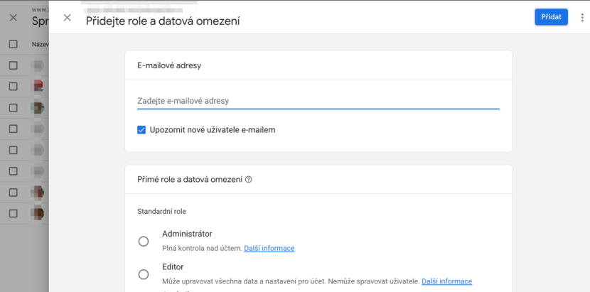 Google Analytics - Přidání nového uživatele