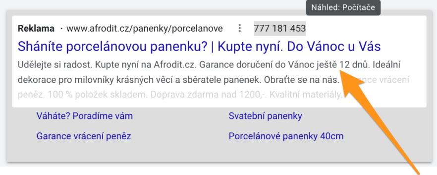 Vánoční PPC inzerát s dynamickým odpočtem