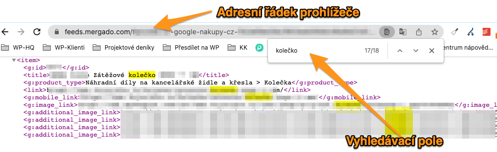 Otevření XML souboru v prohlíže a vyhledávání textu